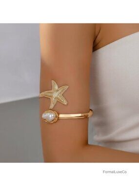 Seashell Adjustable Arm Cuff Bangle Bracelet with Pearl Accents